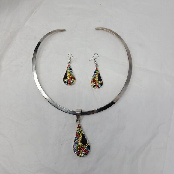 Artisan 925 Teardrop Multicolor Micro Mosaic Crystal Torque Necklace Earring Set - Picture 11 of 16